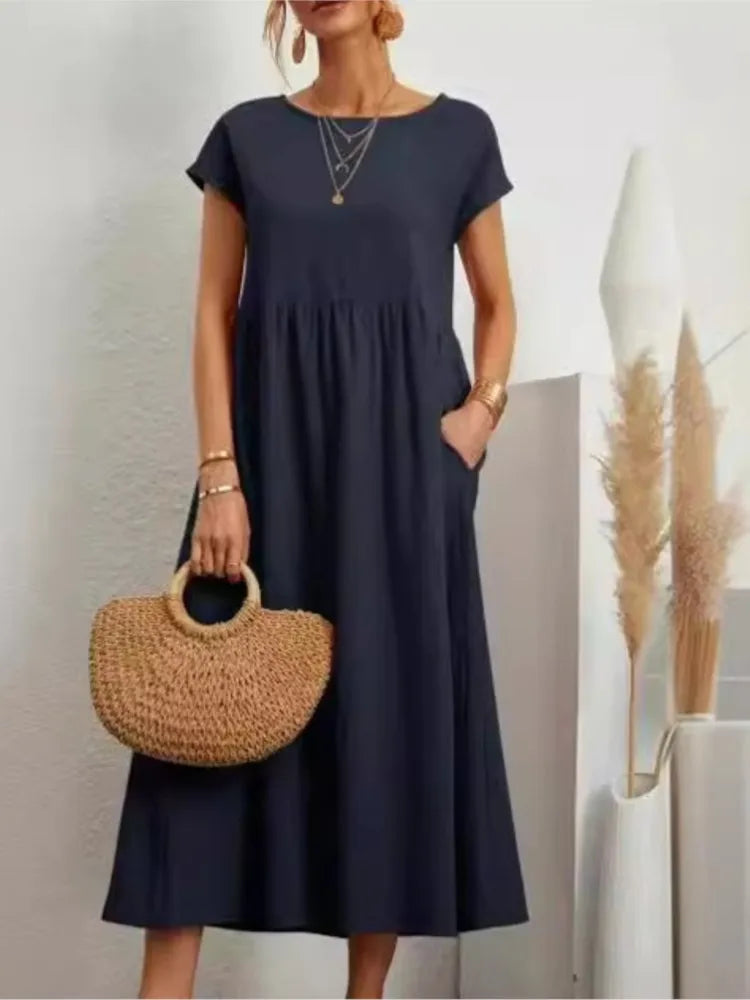 Women's Casual White Short Sleeve Midi Dress Summer Round Neck Cotton And Linen Vintage Loose Long Dresses With Pockets Y2K