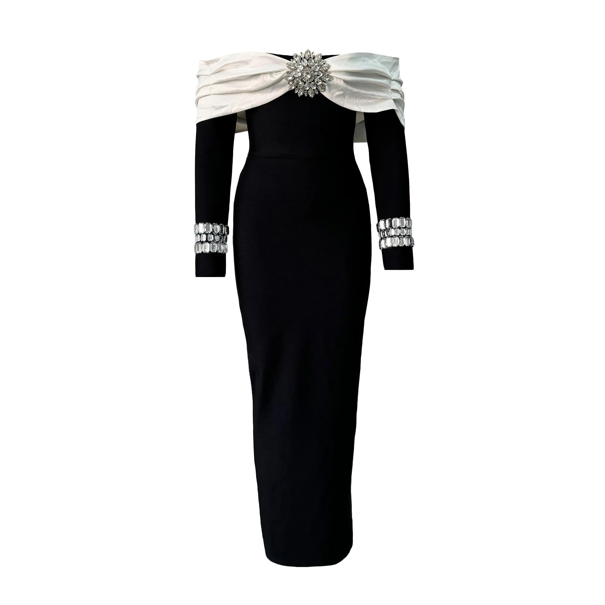 Women Beading Elegant Bandage Dress Sexy Off The Shoulder Long Sleeve Patchwork Clothing Club Party Celebrity Dresses