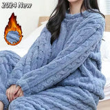 Autumn Winter Women Solid Warm 2 Piece Sets Thicken Velvet Ribbed Fleece Set Pullover And Pants Women Casual Pajama Sets 2024