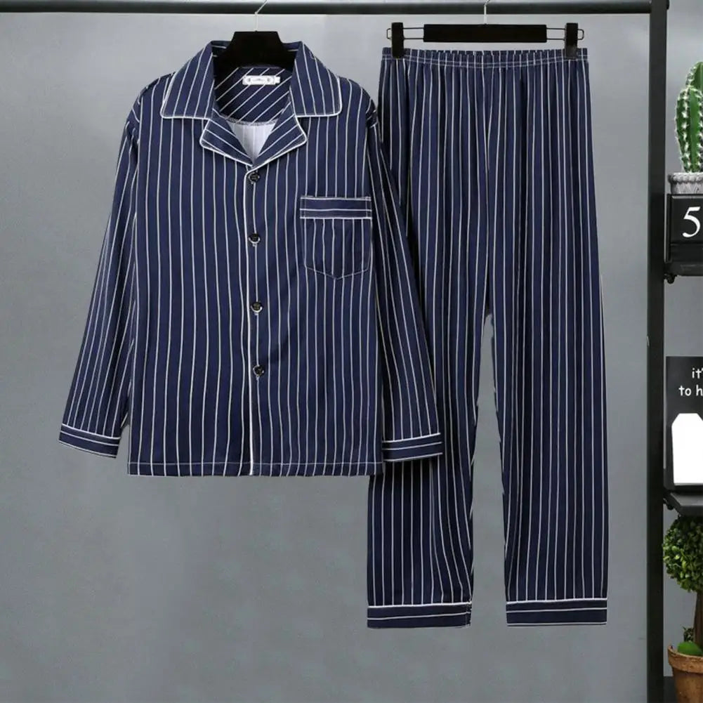 Milk Silk Loungewear Men Pajama Set Striped Plaid Print Men's Fall Winter Pajamas Set with Color Matching Lapel Single-breasted