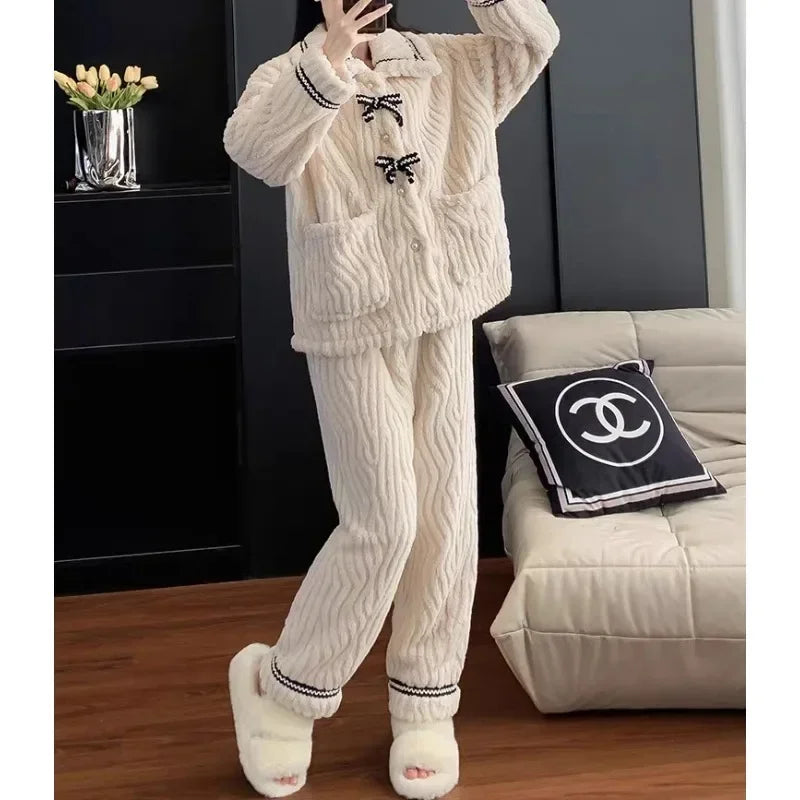 Women's Flannel Pajamas Set Autumn Winter Long Sleeve And Long Pants Sleepwear 2 Piece Set For Women Home Sweet Loose Pajamas