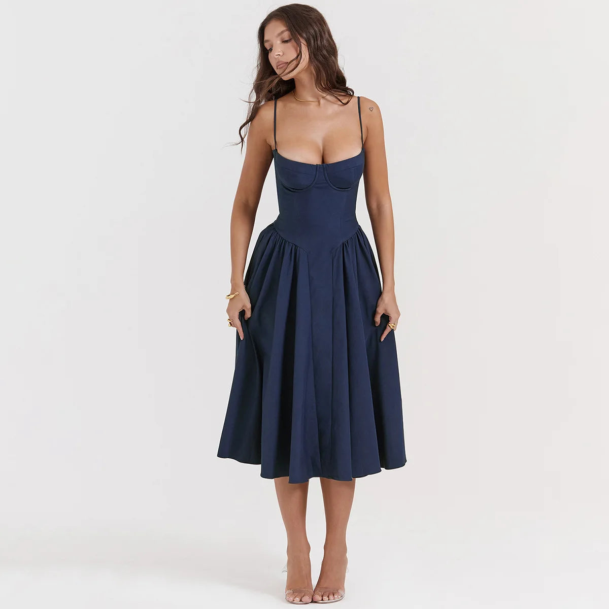 Summer Women Elegant Sleeveless Backless Pleated Dresses Lady Sexy Solid Sling Midi Dress 2024 Female Party Evening A-line Robes