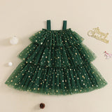 Christmas Costume Summer Kids Girl Green Dress Print Sleeveless Star Layered Tulle Dress Plush Ball Hat Baby Xmas Party Clothes