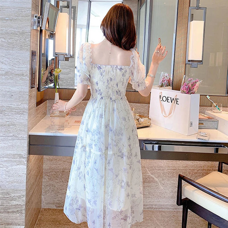 2026 Summer White Chiffon Long Dress Casual Floral Party Dress Elegant Short Sleeve Fairy Dresses for Women Sweet Beach Clothing