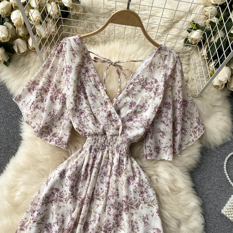 Retro Floral Print Ruffle Chiffon Elegant Midi Dress A-line V Neck Beach Vacation Dress Women Korean Fashion Summer Vestidos