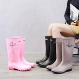 Fashion Rainboots Women Knee-High Water Boots Buckle Long Tube High-grade Waterproof Shoes Womens Rubber PVC Rain Boots