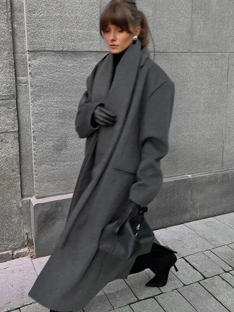 2024 Solid Color Chic Scarf Collar Woolen Overcoat Women's Elegant Pockets Single Breasted Jackets New Female Oversized Outwear