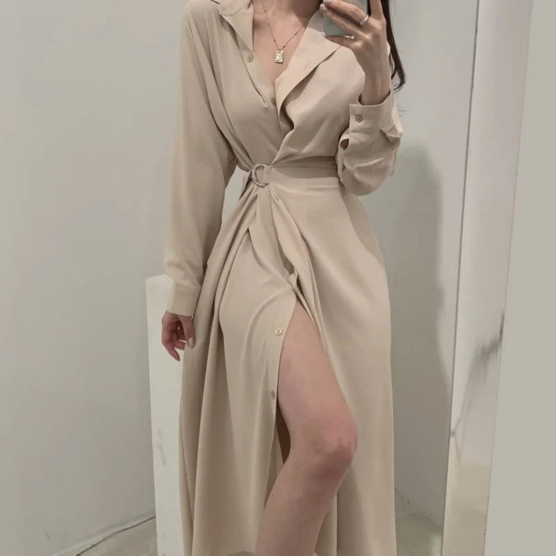 Dresses Women Single Breasted Classy Turn-down Collar Defined Waist Chic Female Vestidos Popular Daily Spring Autumn Ulzzang