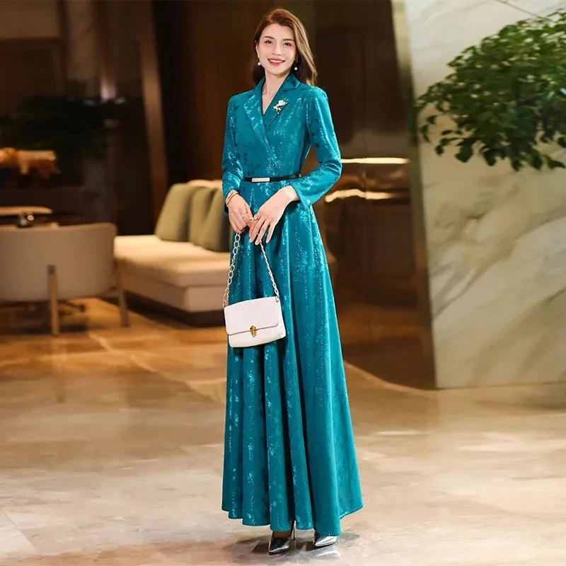 Spring Autumn 2025 New Chic Printed Dress Women's Evening Dresses High-End Luxury Slim Long-Sleeved Lake Blue Long Dress
