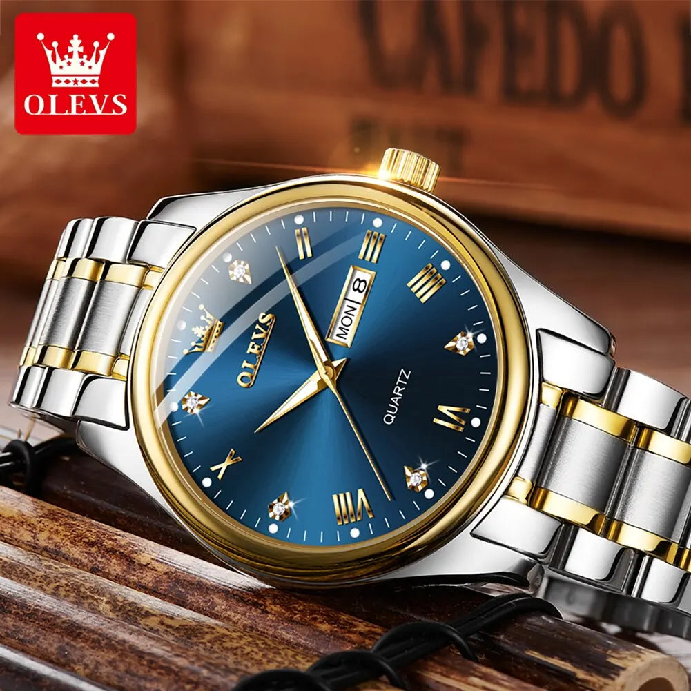 OLEVS Brand Men's Quartz Watch Stainless Steel Waterproof Luminous Fashion Strap Business Men's Quartz Wristwatch Gold Watch