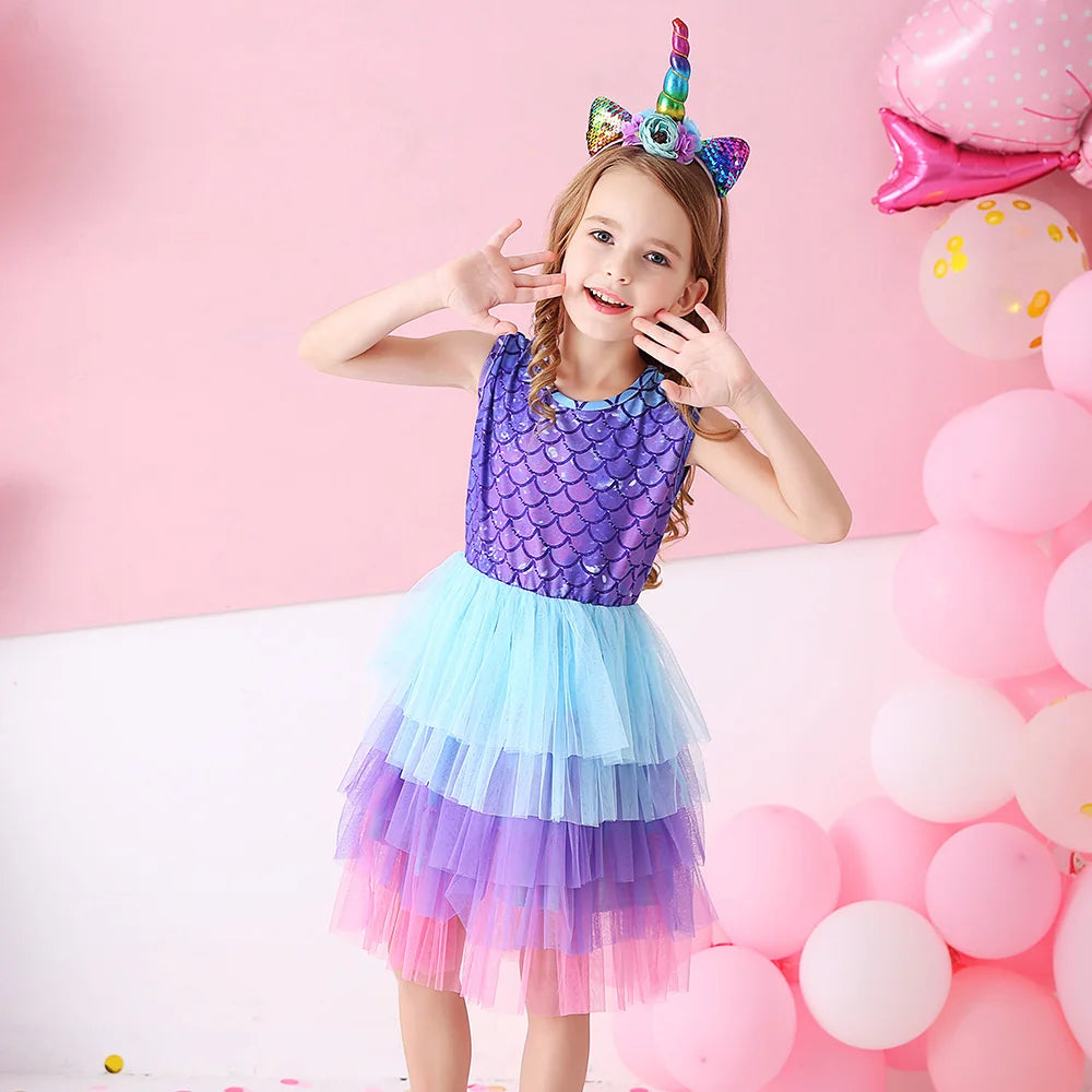 DXTON Baby Girls Dresses Summer Sleeveless Tulle Dress for Girls Kids Princess Party Costumes Cartoon Dresses for Children