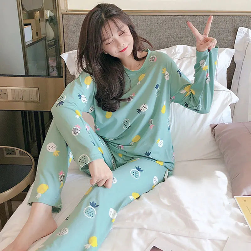 Women's Pajamas New Homewear Spring and Autumn Set of Female Thin Cartoon Girl Round Neck Long-Sleeved Trousers Homewear Suit