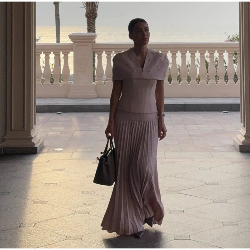 Elegant Shawl Pleated Top Long Skirt Women Set Sleeveless Tops Diamond Shawl High Waist Fashion Evening Skirts Summer Lady Suit