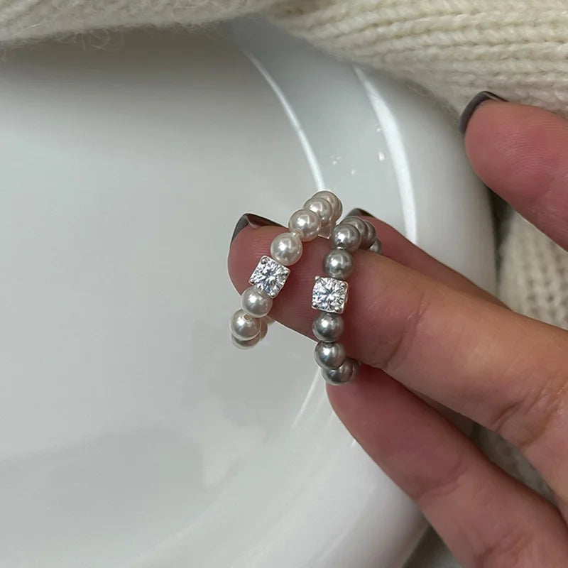 French Retro Light Luxury Elegant Simple Zircon Pearl Beaded Elastic Rings For Women Fashion Sweet Crystal Jewelry Gifts