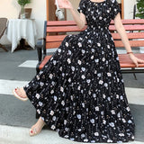 THHONE Summer Dress Women Cotton Linen Floral Vintage Oversized Korean Vestido Feminino Print Robe Off-Shoulder Casual Dresses