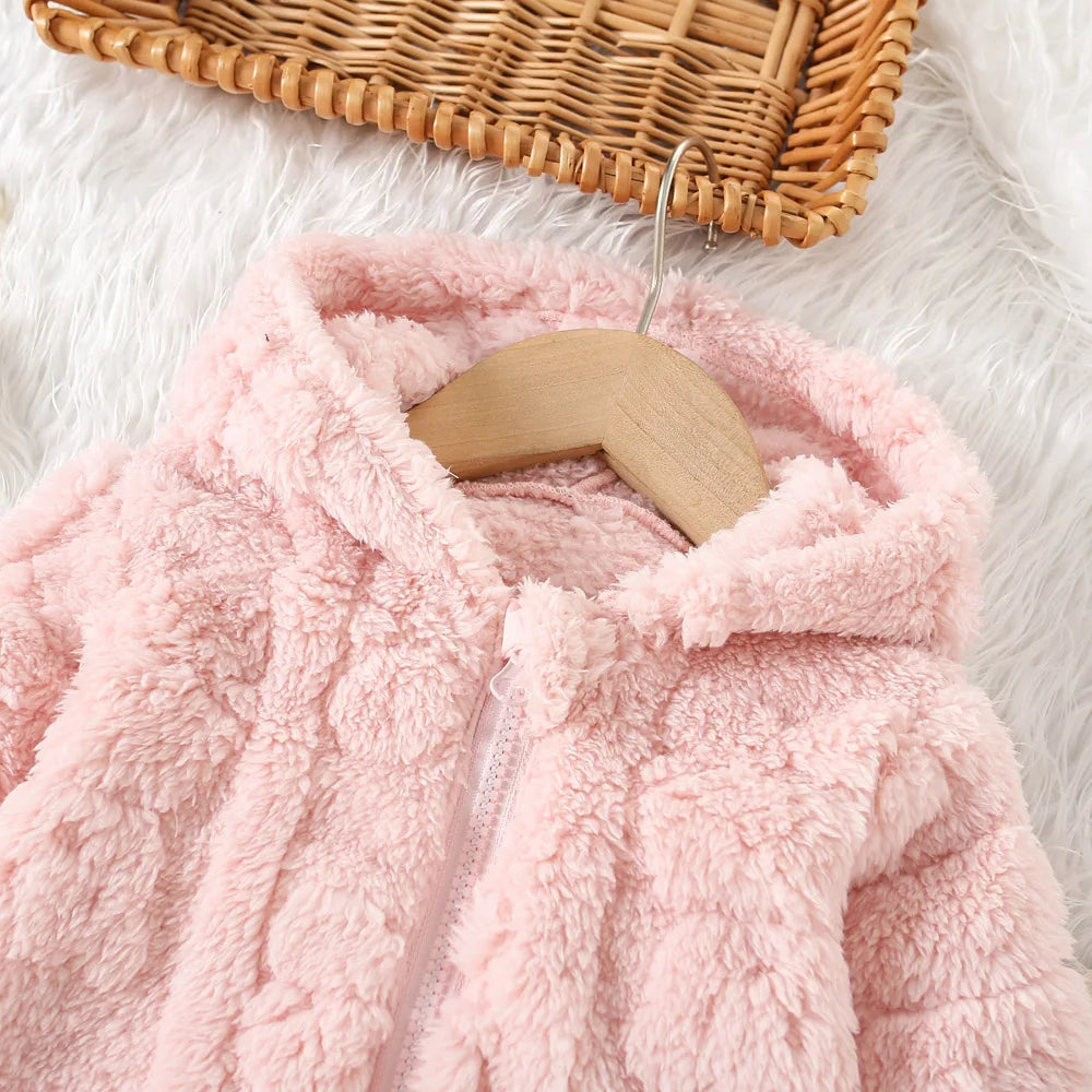 Autumn And Winter Girls' Outerwear Top Cute Hooded Fur Coat Jacket Sweet Solid Color Warm Baby Girl Clothing