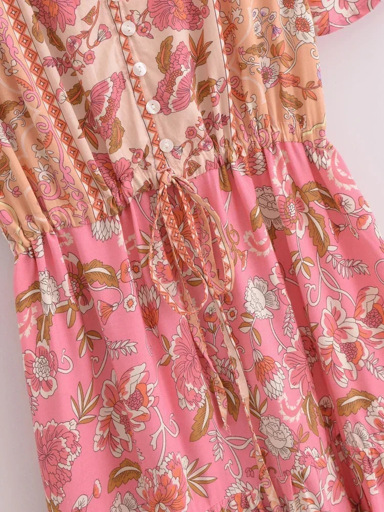 Happie Queens Women Floral Print Tie Neck Beach Bohemian Maxi Dresses Ladies Rayon Cotton Boho Pleated Dress Vestidos