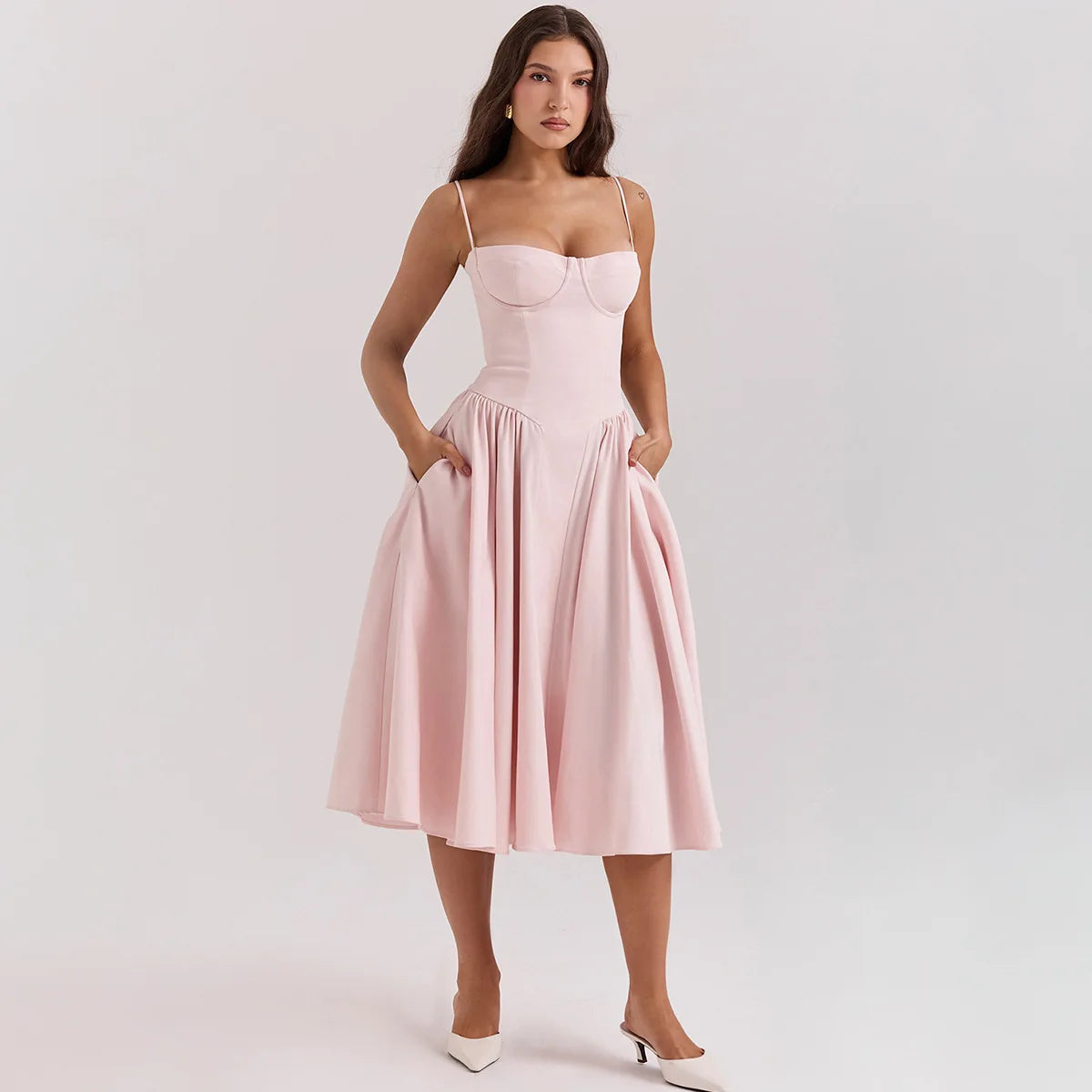 Summer Women Elegant Sleeveless Backless Pleated Dresses Lady Sexy Solid Sling Midi Dress 2024 Female Party Evening A-line Robes
