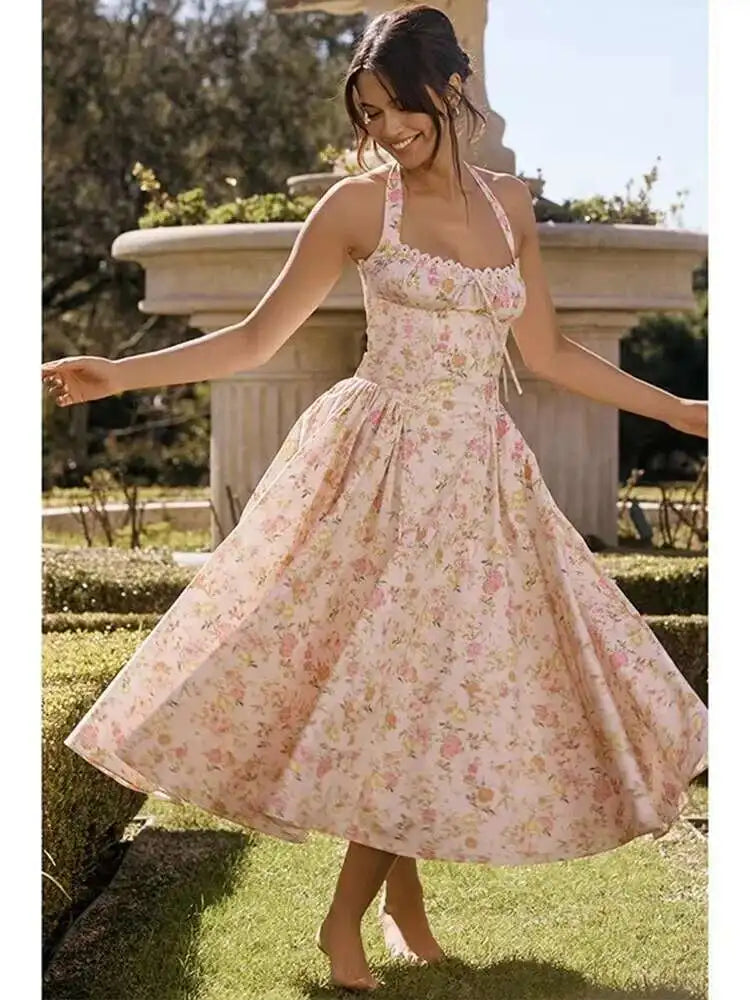 Townlike Waist Wrap Print A-line Midi Long Dress Women Spaghetti Strap 2024 Spring Summer Dress Backless Sexy Party Dresses