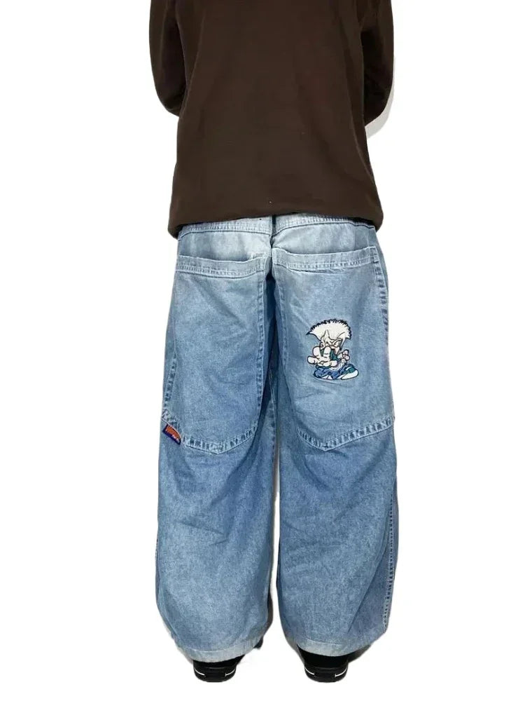 Y2K Kawaii Cartoon Characters Embroidered Light Blue Washed Baggy Jeans Japanese Harajuku Gothic Skateboard Pants Street Clothes