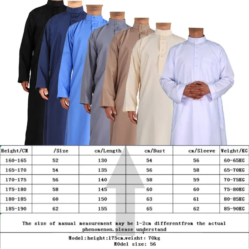 Men's Muslim Robe Islamic Ramadan Juba Kaftan Dishdash Arabian Robe Solid Color Long Sleeve Collar Loose T-shirt Dress Tunic