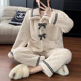 Women's Flannel Pajamas Set Autumn Winter Long Sleeve And Long Pants Sleepwear 2 Piece Set For Women Home Sweet Loose Pajamas