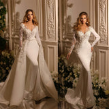 Exquisite Sheer V Neck Pearls Wedding Dress Custom Made Lace Embroidery with Overskirts Vestido De Novia