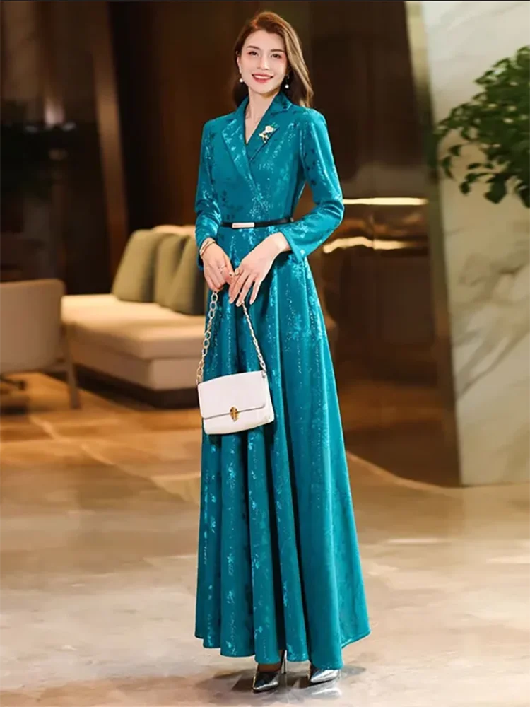 Spring Autumn 2025 New Chic Printed Dress Women's Evening Dresses High-End Luxury Slim Long-Sleeved Lake Blue Long Dress