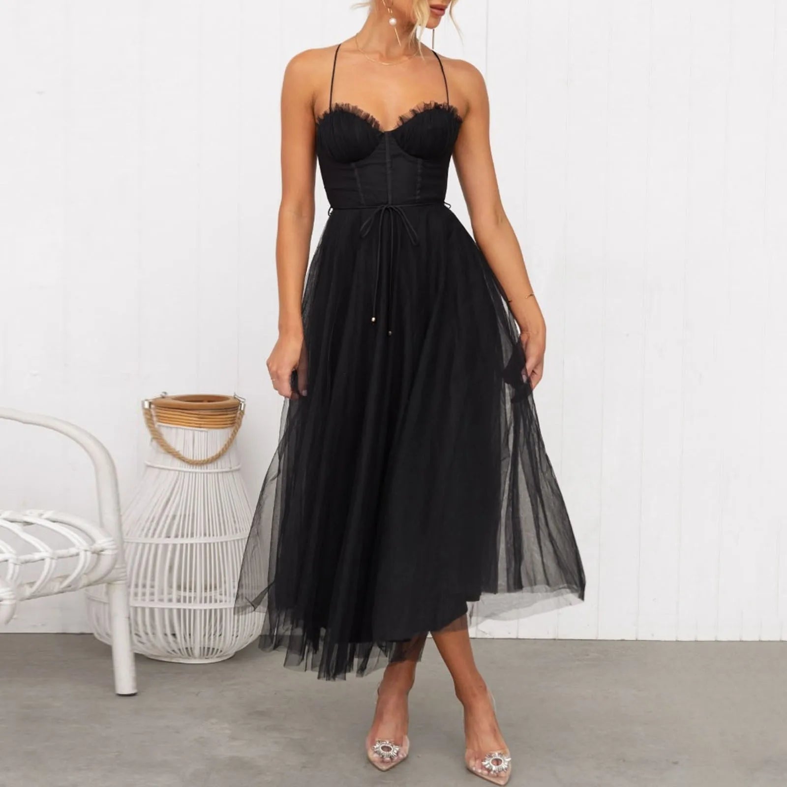 Sexy Spaghetti Strap Mesh Stitching Long Dress Women's Elegant Slim Fit Backless Drawstring Dress Ladies Evening Party Dress