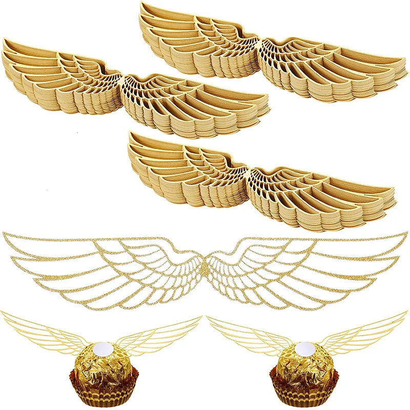 50Pcs/lot Wings Shape Chocolate Cake Party Gold Decoration Wizard Topper Golden Wing Cupcake Toppers Snitch Wedding Decor