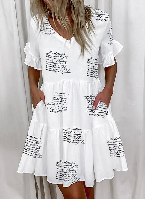 Women Summer Dress Casual V Neck Short Sleeve Butterfly Sleeve Floral Leaf Letter Print Mini Dresses Vestidos YSX9032