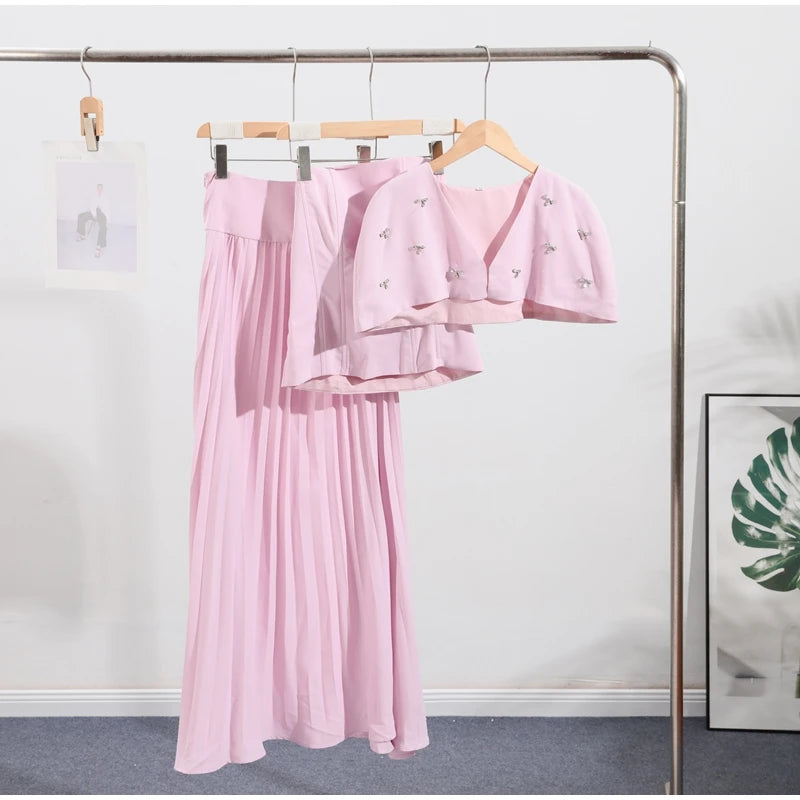 Elegant Shawl Pleated Top Long Skirt Women Set Sleeveless Tops Diamond Shawl High Waist Fashion Evening Skirts Summer Lady Suit
