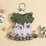 Infant Newborn Baby Girl Romper Dress Flower Embroidery Knit Rib Ruffles Crew Neck Jumpsuit Summer Bodysuit Bow Headband