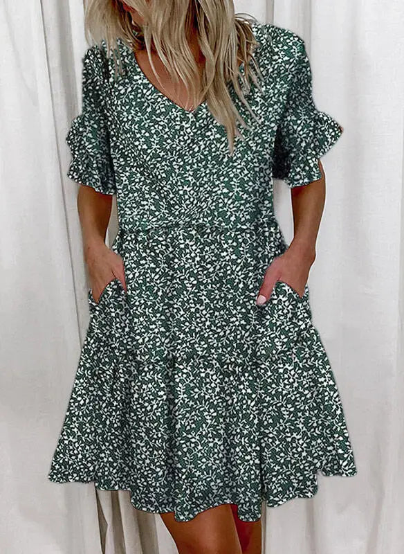 Women Summer Dress Casual V Neck Short Sleeve Butterfly Sleeve Floral Leaf Letter Print Mini Dresses Vestidos YSX9032