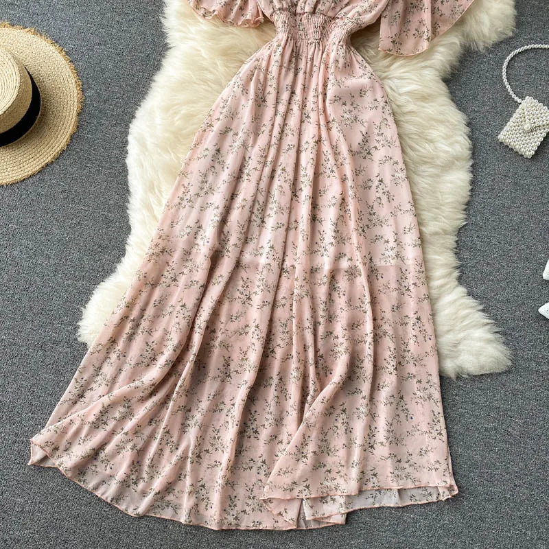 Retro Floral Print Ruffle Chiffon Elegant Midi Dress A-line V Neck Beach Vacation Dress Women Korean Fashion Summer Vestidos