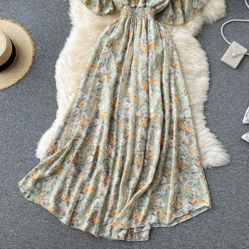 Retro Floral Print Ruffle Chiffon Elegant Midi Dress A-line V Neck Beach Vacation Dress Women Korean Fashion Summer Vestidos
