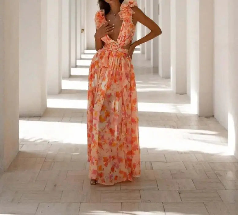 New Fashion Sleeveless Hollowed Out Slim Fit V-neck Ruffle Trimmed Floral Backless Dress For Women,3 Colors