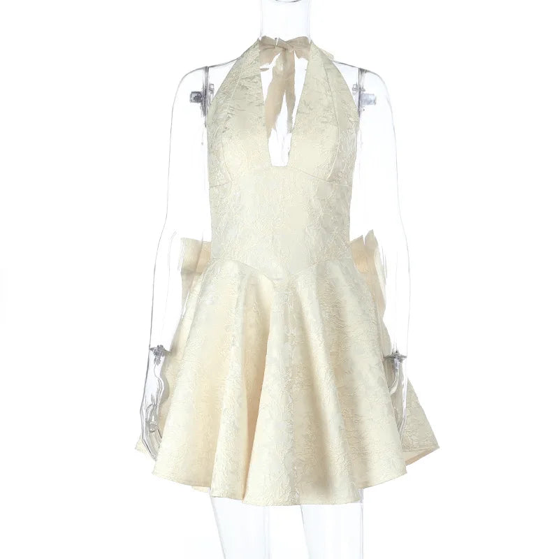 Halter Jacquard Backless Bow Short Summer Dress Woman Sexy A-line Pink Mini Dresses Y2K Evening Party New Birthday White Blue