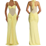 Women Evening Party Long Maxi Dress Elegant Mesh Patchwork Backless Slim Pleated Ribbon Tulip Vestidos OUFY-EYS250732