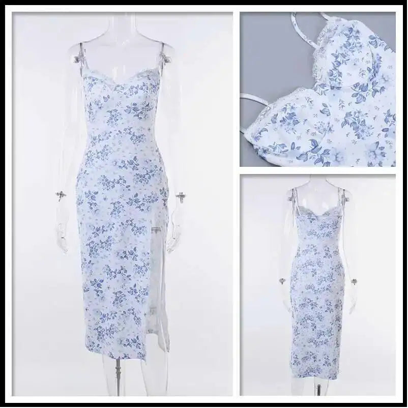 Townlike Midi Long Print Dress Women Spaghetti Strap 2023 Summer Dress Slim Bodycon Nightclub High Split Sexy Party Dresses