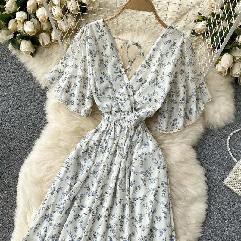 Retro Floral Print Ruffle Chiffon Elegant Midi Dress A-line V Neck Beach Vacation Dress Women Korean Fashion Summer Vestidos