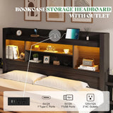 King Size Bed Frame with 4 Storage Drawers, LED Bed Frame with 49.6" Tall Bookcase Headboard, Wood Platform Bed with Charging