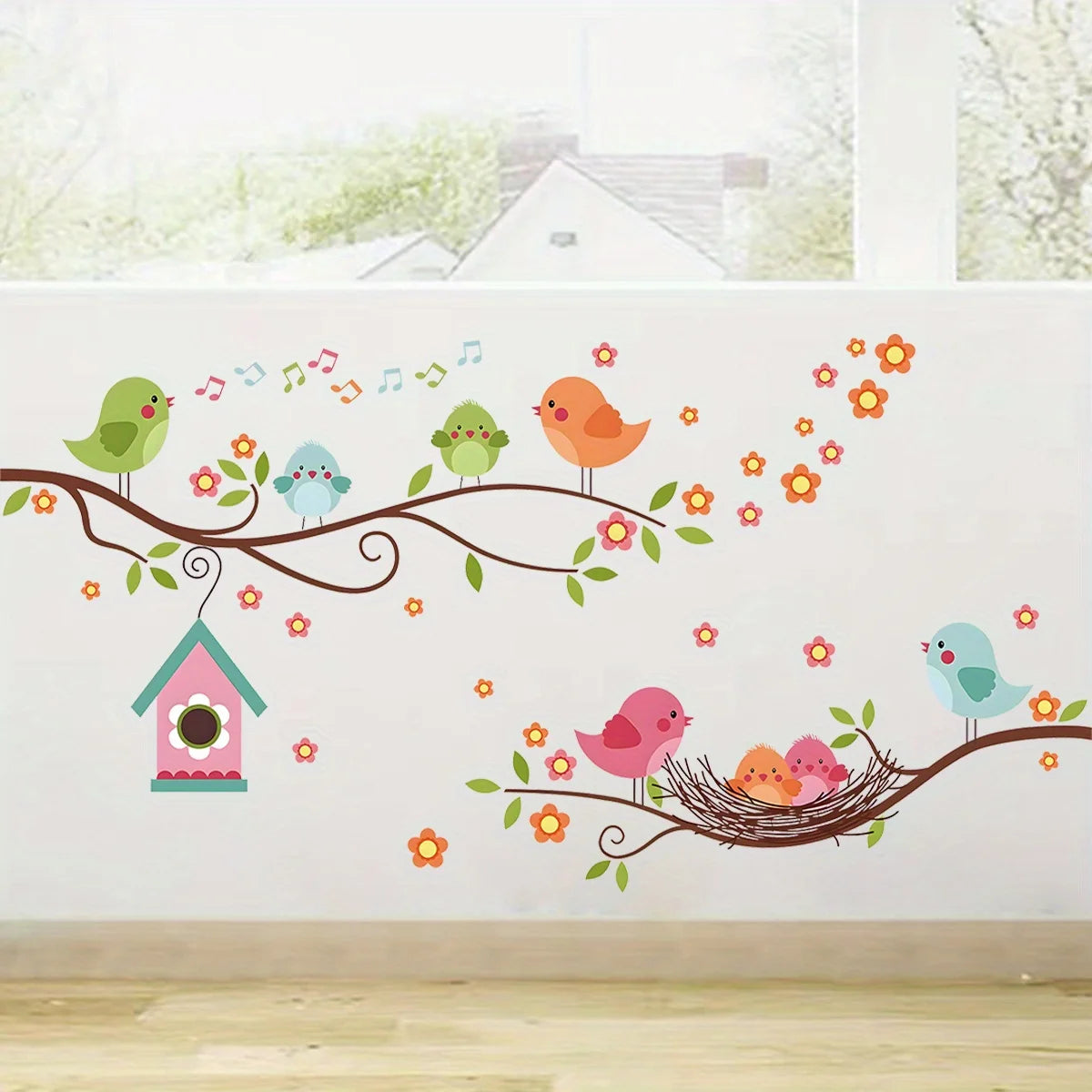 Cartoon Cute Bird Family Branch Flower Animal Wall Stickers Removable for Bedroom Living Room Foyer Decoration Wall Decals