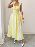 Vacation Essential Yellow Smocked Midi Dress, Chic Beach Party Date Night Dress