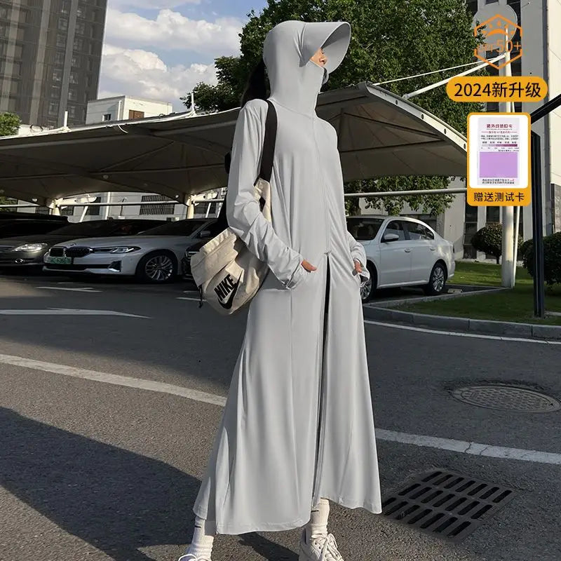 Long sunscreen clothes women's 2026 summer new dress UV protection full body sunscreen clothes ice silk long dress blouse