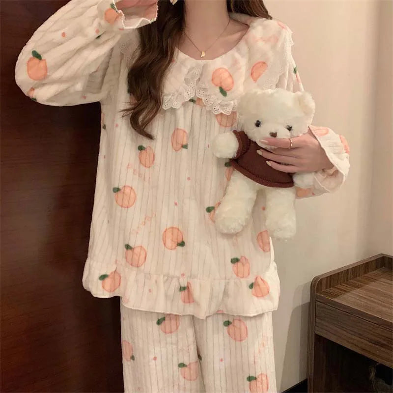 Cartoon Pajama Sets Women Pyjamas Warm Flannel Sleepwear Girl Pijama Set Suit Pant Home Korean Peach Sleep Lace Sleepwear