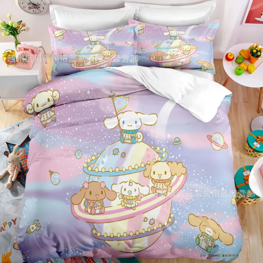 طقم غطاء لحاف من Sanrio Cartoon، طقم غطاء لحاف كاواي سينامورول، طقم غطاء وسادة، طقم سرير مريح للأطفال والبنات، مقاس كينج كامل، توأم