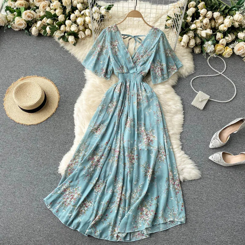 Retro Floral Print Ruffle Chiffon Elegant Midi Dress A-line V Neck Beach Vacation Dress Women Korean Fashion Summer Vestidos