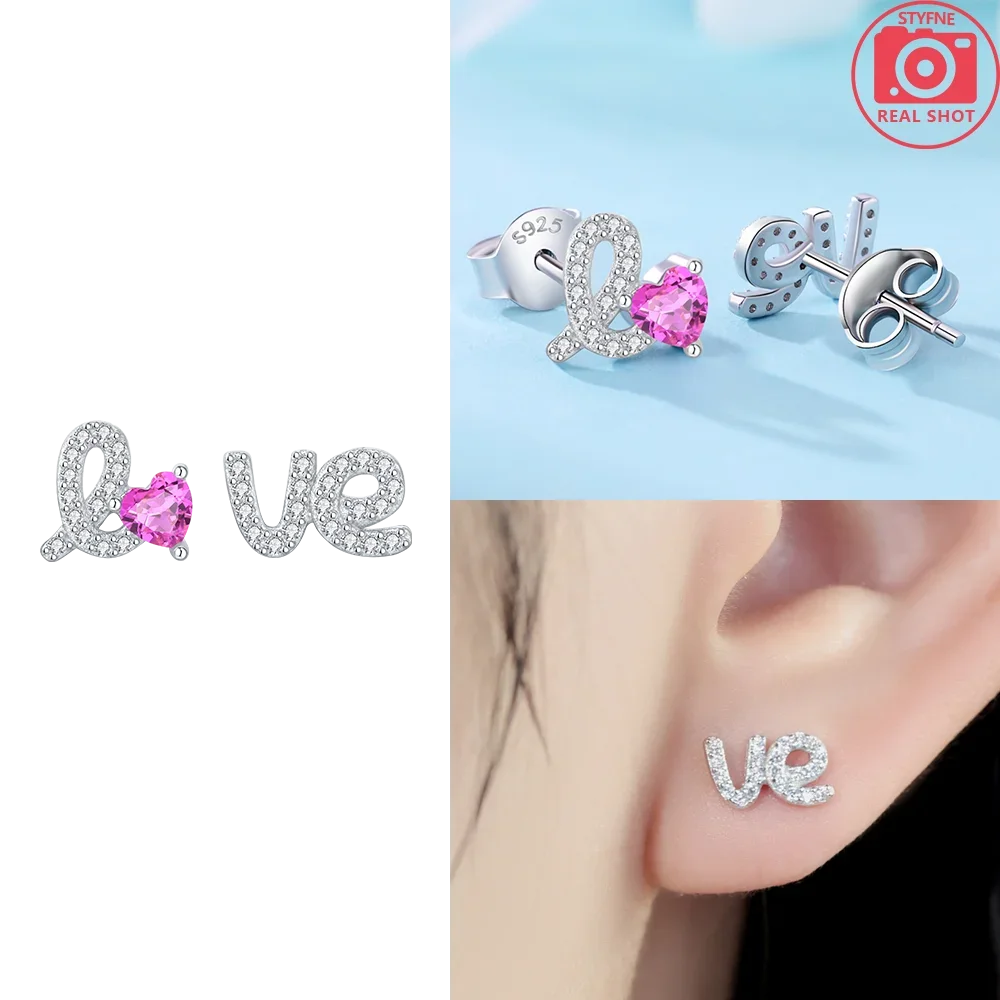 925 Sterling Silver Angel Earrings Red Heart Shape Zircon Stud Earrings for Women Engagement Luxury Jewelry Accessories Gift