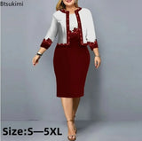 2024 Women's Elegant Digital Print 2 Piece Dress Set O-Neck Slim Fit Pencil Dress+O-Neck 3/4 Sleeve Short Coat Female Dress Sets